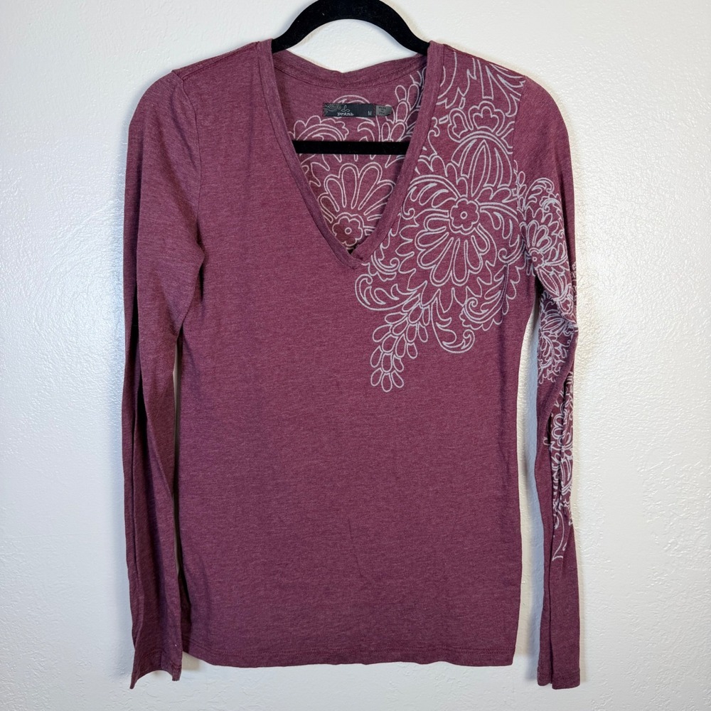 Prana Womens M V-Neck Long Sleeve Graphic Top Plum Burgundy Floral Gorpcore